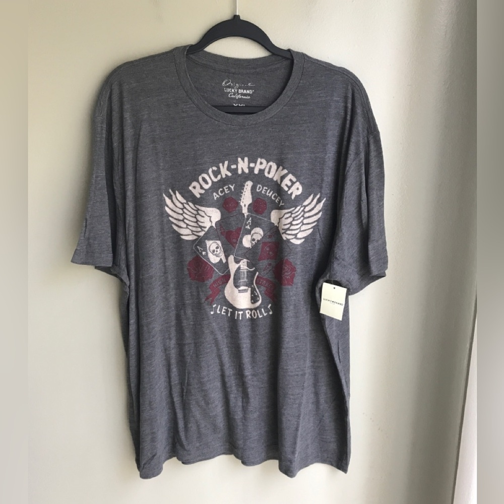NWT! Lucky Brand Shirt Mens Rock N Poker Let It Roll Acey Deucey Tee Gray XXL